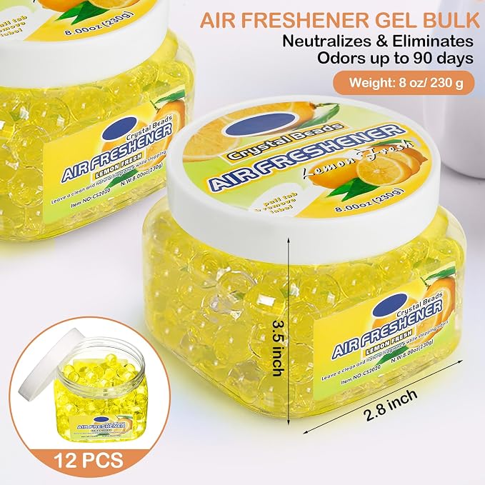 12 Pcs Air Freshener Bulk Odor Gel Eliminator Beads 8 Oz, Lemon | Long Lasting Air Freshener Beads in Jars Eliminates Odors in Home Bathrooms, Cars, Boats, Rvs, Pet Areas