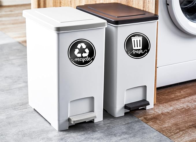 Modern Recycle Stickers for Trash Bins, Recycling Stickers for Trash Can | 3.5" Laminated Recycle Sticker for Kitchen Bins, Garbage Can Labels for Recycling Bin Combo, Made in USA, Rustic Black Labels