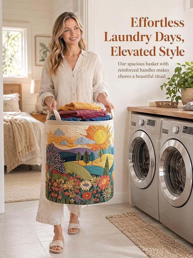 Quilted Laundry Basket with Handles, Boho Floral Quilted Storage Hamper, Large Capacity Laundry Hamper for Nursery Bedroom Laundry Room Home Decor (Pattern 08, Medium (22"H x 16"W x 16"L))
