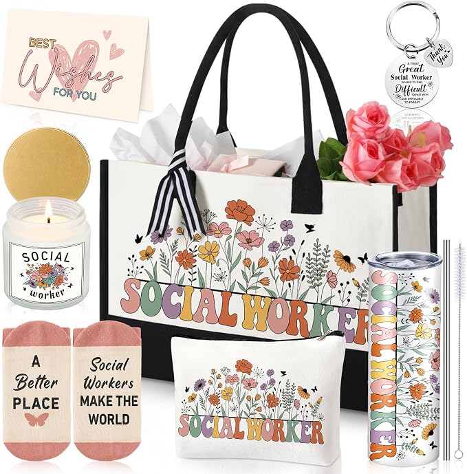 Patelai 7 Pcs Social Worker Appreciation Gift, Worker Must Haves Gifts | with 20 oz Tumbler Tote Bag Candle Socks Makeup Bag Keychain Card for lcsw Bsw Msw Dsw Lcsw Coworker Volunteer Office Supplie
