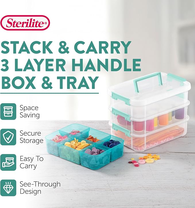 Sterilite 24 Pack Plastic Storage Box Container, 3 Layer, Stack and Carry, Clear/Blue