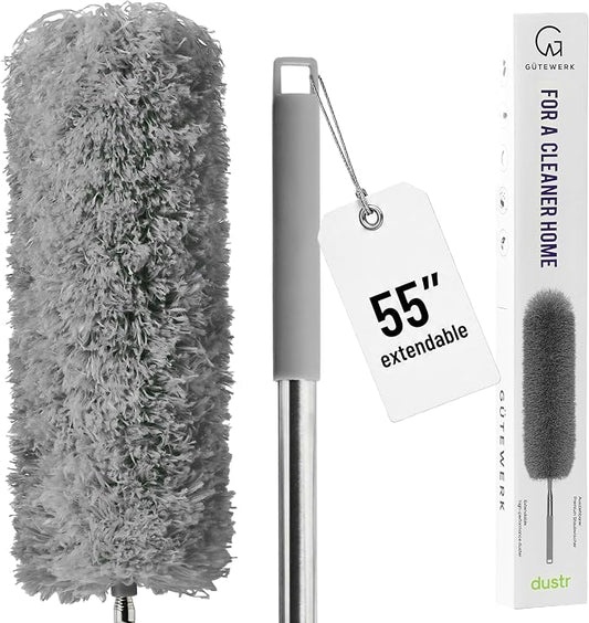 GÜTEWERK Extendable Microfiber Duster, 55 Inch - Feather Dusters for Cleaning Ceiling Fans, Blinds, Baseboards & High Ceilings - Washable, Electrostatic, 360° Bendable Head, Stainless Steel Pole