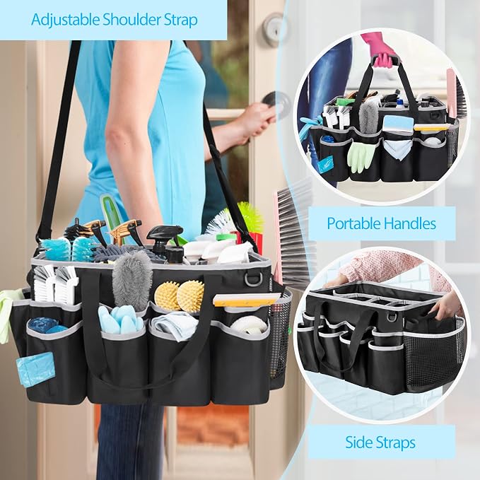 HODRANT Extra-large Wearable Cleaning Caddy with Pad, Handle & Divider | Cleaning Organizer Bag for Clean Products, Housekeeper Tote Car Wash Tools Bag for Detailing Supplies, Bag Only, Gray Edge
