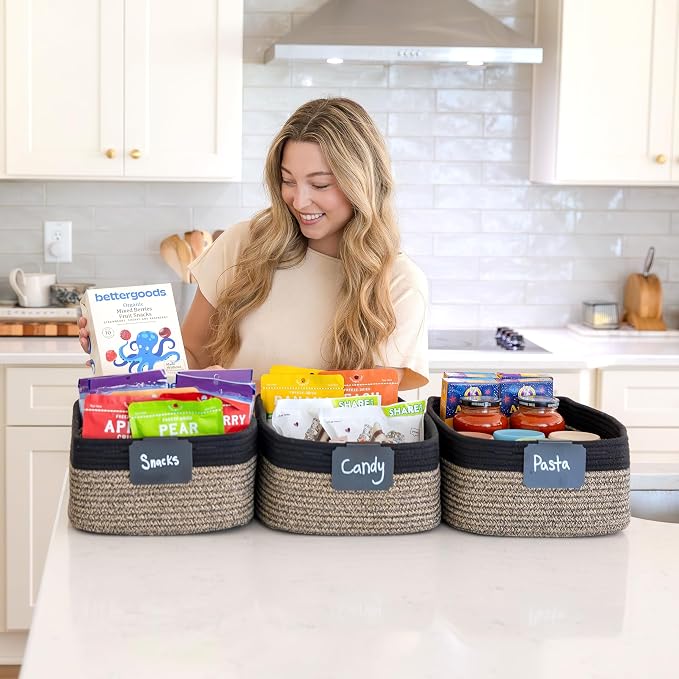 Woven Rope Baskets for Organizing, 3 Pack, 15.5 x 11 x 5.5" Storage Bins | Storage baskets and organizer bins for shelves, pantry, closet storage, toy organizer, bathroom storage, nursery, towels
