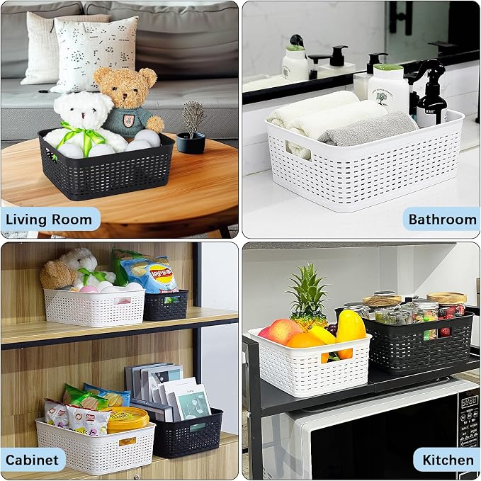 Soddeph Plastic Storage Baskets for Cabinets, Household Pantry Organization with Handle,Organizer Bins for Room,Bathrooms,Under-Sink,Kitchen (White, L-3PACK)