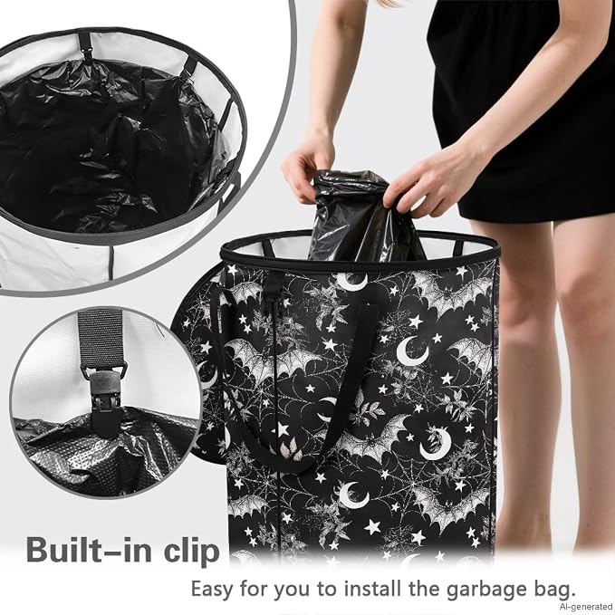 Halloween Bat 24 Gal Collapsible Trash Can w/Lid Waterproof Foldable Garbage Bin for Camping, Backyard & Hiking | Heavy Duty Pop-Up Design Car Camping Gear Holiday Gifts