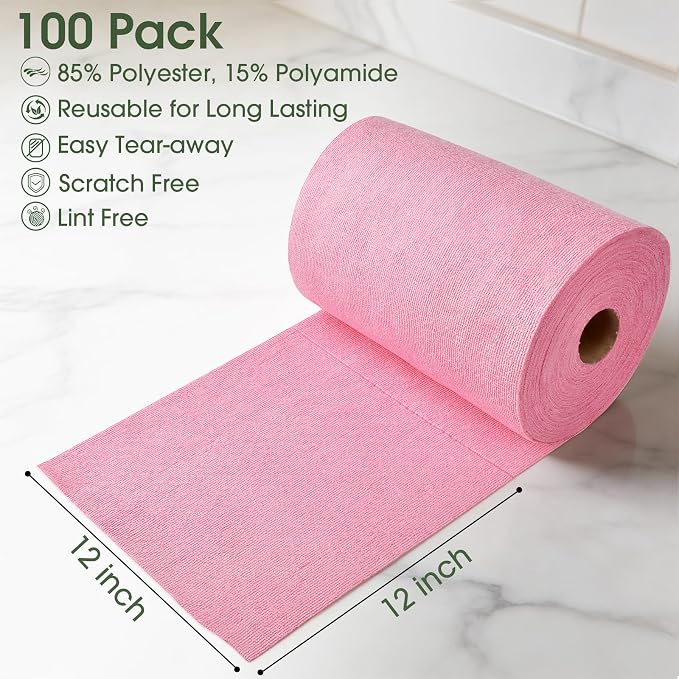 Reusable Microfiber Cloth Roll - 100 Pack, 12"x12" Washable Tear-Away Towels. Fits Paper Towel Holders. Lint-Free & Streak-Free Rags for Kitchen, Glass, Cars, Electronics (Pink)