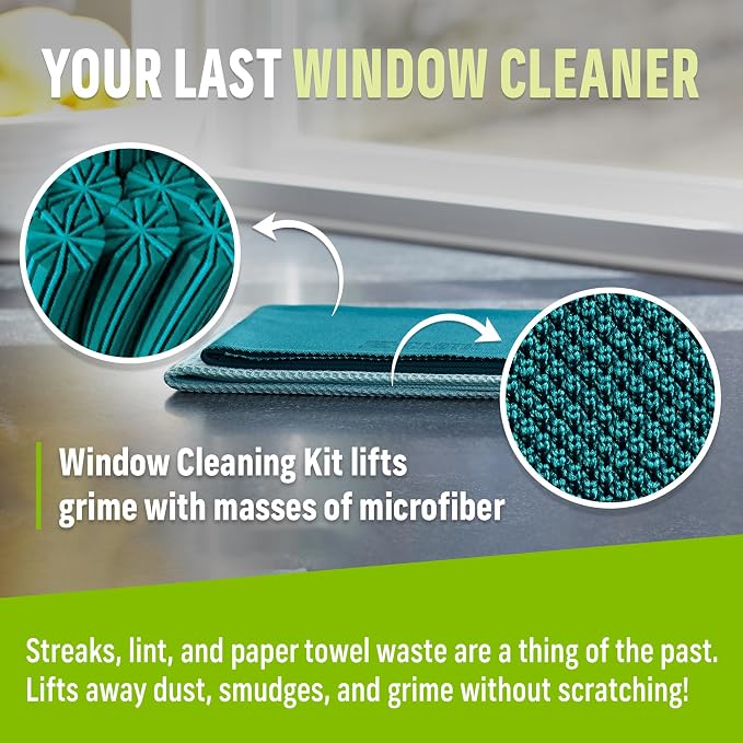 E-Cloth Window and Glass Cleaner Kit, Just Add Water - 2 Kits | Chemical-Free Cleaning - Reusable & Machine Washable Towel, Versatile Use for Mirrors, Cars, & Lenses, Winter Green