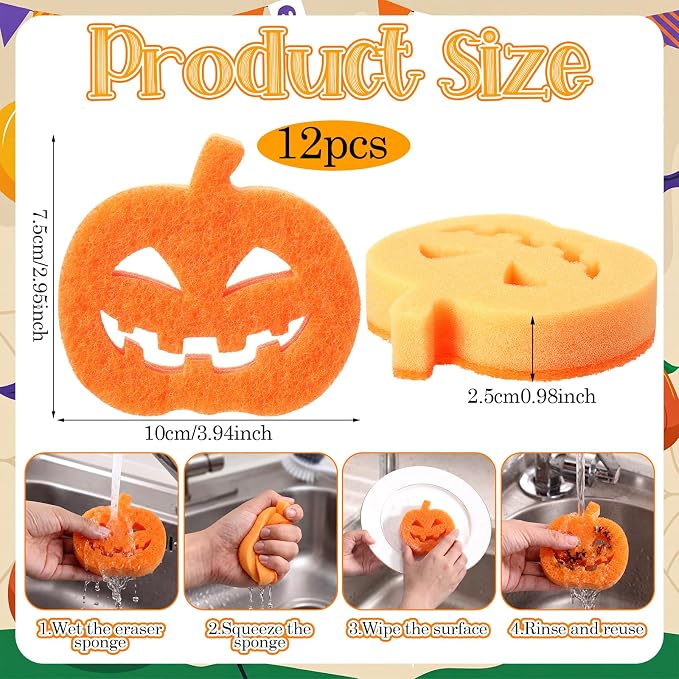 Tioncy 12 Pack Halloween Pumpkin Kitchen Sponges, Orange | Dual Sided Scrubber, Gothic Halloween Decor, Reusable Non Scratch Dishwashing, for Cookware Pot Boiler Pan Household