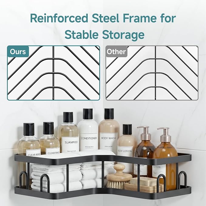 Veken Large Capacity Corner Shower Caddy 5-Pack, Advanced Rustproof Design | No Drilling Adhesive Shelves, Rack with Soap Holder & Hooks, Thickened Metal Frame, Bathroom Organizers and Storage, Black