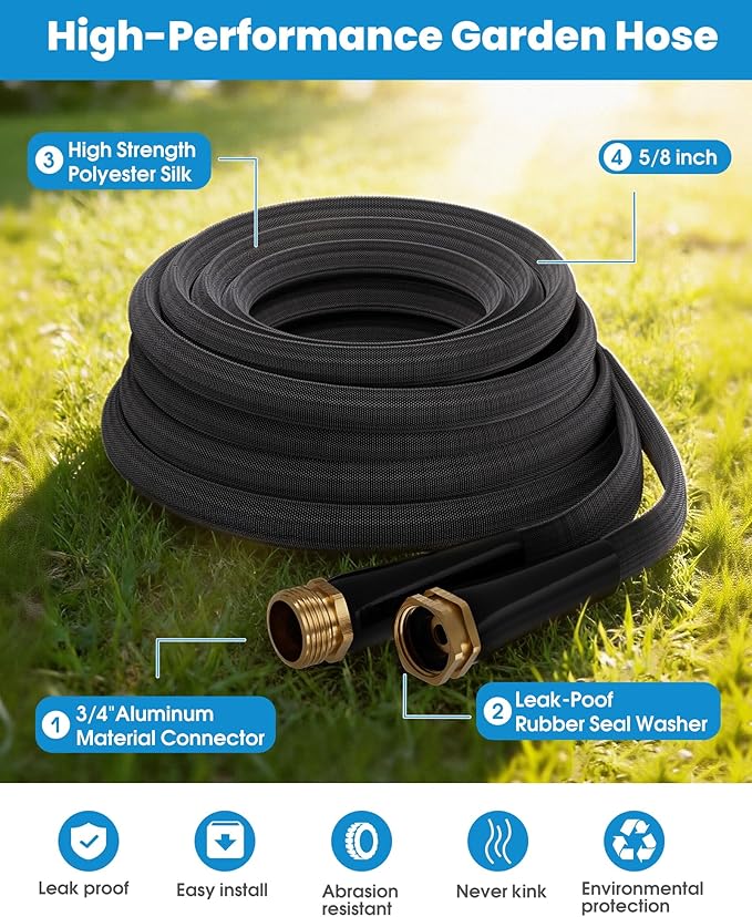25 FT Garden Hose, Non-Expanding Water Hose, Ultra Flexible, Burst-Resistant, Kink-Free, High-Pressure Garden Hose for Easy All-Weather Use on Lawns, Gardens, and Outdoor Cleaning