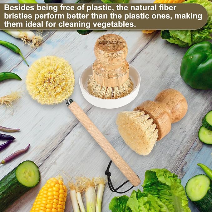 Wooden Dish Brush Set Clean Pots, Pans and Vegetable, Natural Bristles Bamboo Scrub Brushes with Ceramic Dish - 1 Long Handle Dish Brush + 2 Palm Scrubbing Brush