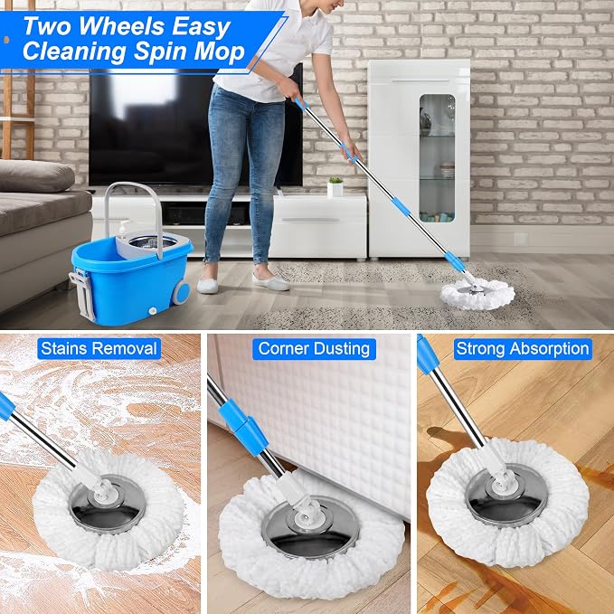 Spin Mop and Bucket with Wringer Set, 3 Mop Heads, 61" Adjustable Handle | 360° Spinning Mop Bucket System with 3 Microfiber Mop Heads & 61" Stainless Steel Adjustable Handle for Floor Cleaning