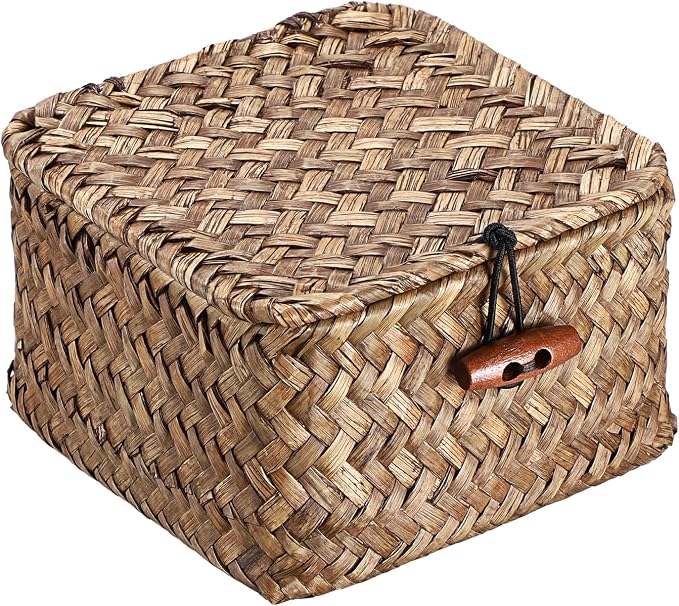 Hipiwe Handwoven Seagrass Basket Bin Small Decorative Shelf Basket Boxes with Lid Wicker Storage Baskets Bins Multipurpose Table Organizer for Key Home Decor, 4.7"L x 4.7"W x 3"H