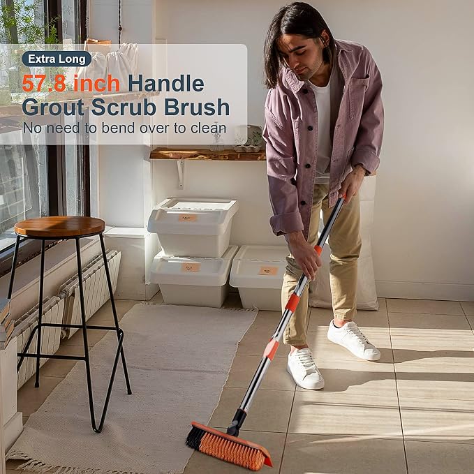 2 in 1 Floor Scrub Brush Grout Brush with 57.8" Long Handle,120°Rotatable Shower Tile Grout Cleaner Scrubber,V-Shaped Corner Brush for Hard to Reach Areas (Orange)