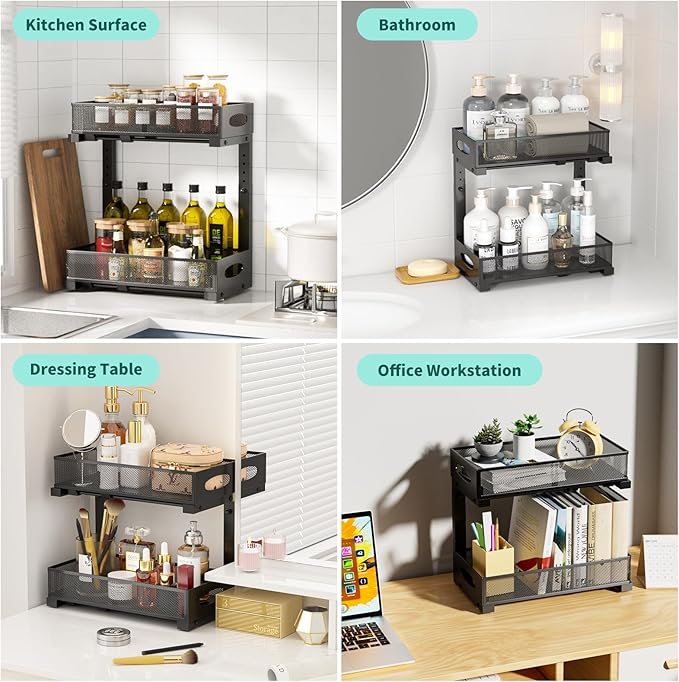 Under Sink Organizer, 2-Pack of 2-Tier Metal Slide Out Pull Out Cabinet Organizer Shelf, Height Adjustable Organization and Storage Series, Bathroom/Desktop/Cabinet/Kitchen Organization, Black