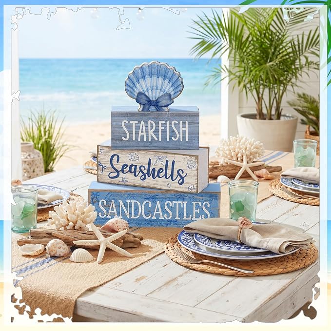Moucuny 4 Pcs Beach Wooden Signs Table Decor with Shell, Tiered Tray | Coastal Nautical Theme Rustic Style, Summer Home Kitchen Centerpiece, Decorative Blocks for Tiered Trays