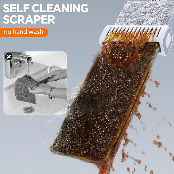 Self Wringing Mop, Hands Free Microfiber Flat Mop Wet Dry Floor | Microfiber pads, aluminum panel, wet dry cleaning system for floors walls windows, apartment use, 4 Reusable Pads
