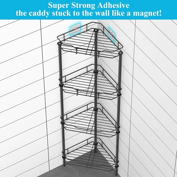HuggieGems Metal Floor Standing Corner Shower Caddy, Matt Black, 4 Tier | Adhesive Bathroom Organizer Shelves, Free Standing Shower Rack with Hooks, Hold Large Shampoo Bottles
