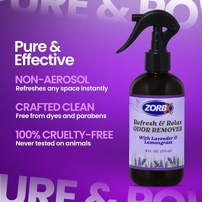 ZORBX Refresh & Relax Lavender Lemongrass Odor Remover Spray 8 Oz, 1-Pack | Natural Room Deodorizer for Medical Rooms, Closet, Home, Bathroom, Furniture, Carpet, Car, Gym & Laundry, Permanent Solution