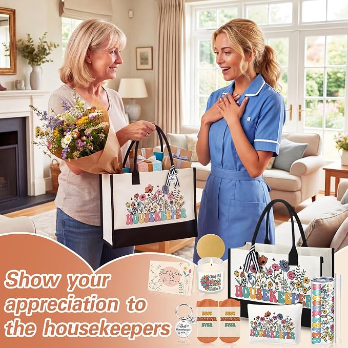 Patelai 7 Pcs Housekeeping Appreciation Gifts Housekeeping Week Thank You Housekeeper Birthday Gift Set with 20 oz Tumbler Canvas Tote Makeup for Housekeepers House Cleaner Lady Custodian Employees