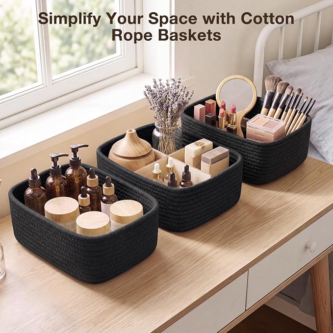 3 Pack Small Baskets for Organizing, Woven Storage Baskets for Shelves | 11.8x7.8x3.8 in Cotton Rope Baskets, Toy Baskets Storage Kids, Basket Organizer, for Living Room, Bedroom, Nursery, Black