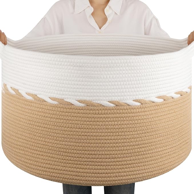 OIAHOMY 90L Extra Large Blanket Basket - Decorative Cotton Rope Storage Basket for Bedroom, Living Room & Nursery - Woven Laundry Hamper for Organizing Blankets, Clothes & Toys - Yellow & White