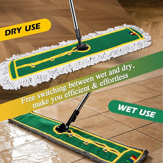 42" Commercial Dust Mop for Floor Cleaning, Heavy Duty Industrial Mop | Large Flat Mop with Long Handle, Push Mop with 2 Different Mops Pads, for Hardwood, Tile, Gym, Office, Mall, Warehouse