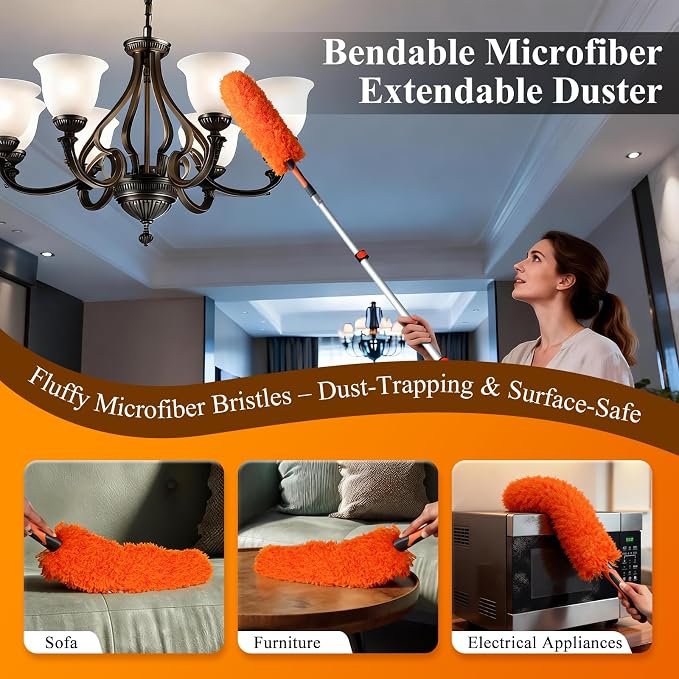 20ft Extendable Duster Kit for High Ceilings with Extension Pole | Tall Cobweb Duster, Microfiber Ceiling Fan Duster, 2-in-1 Window Squeegee, Wall Mop for Home Ceiling Wall High Reach Cleaning