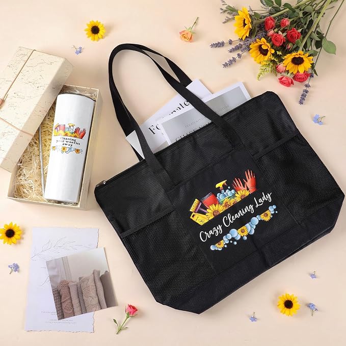 Sieral Housekeeping EVS Week Appreciation Gift, Cleaning Lady, Black | Insulated Tumbler 20oz & Large Tote Bag Set for Women Custodian School Healthcare Cleaning Crew House Cleaner Maid Janitor