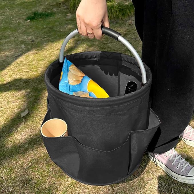 17L Collapsible Storage Bucket with Handle, Multi-Pocket Foldable Portable Picnic Caddy Outdoor Camping Organizer Tote for Housekeeping Car Wash Gardening Hiking Fishing, Black
