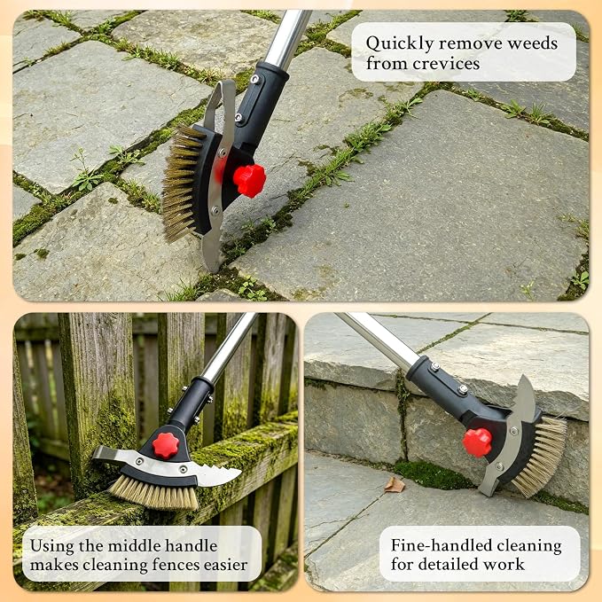 Crevice Weeding Tool Long Handle - Weed Scraper for Patio Pavers | Stainless Steel Weed Brush & Dual Scrapers, Adjustable 30.3"-58.66" Handle, for Driveway Sidewalk Patio Paver Crevice Weeding