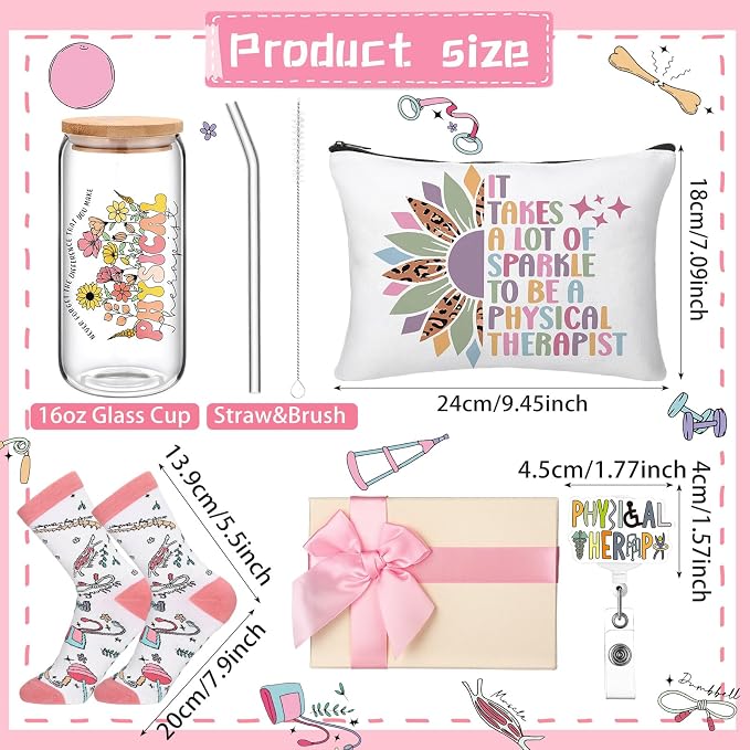 Skylety 5 Pcs Physical Therapy Gifts for Women | 16 oz Glass Cup Socks Cosmetic Bag Badge Holder, PT Appreciation Gift Box, Coworker Physical Therapist Gift for Birthday