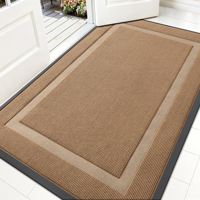OLANLY Front Door Mat Outside 59x34, All-Season Heavy-Duty Rubber Doormat | Light Brown, Absorbent, Stain Fade Resistant, Waterproof Non-Slip Backing, Low-Profile Indoor Outdoor Floor Mat for Entryway