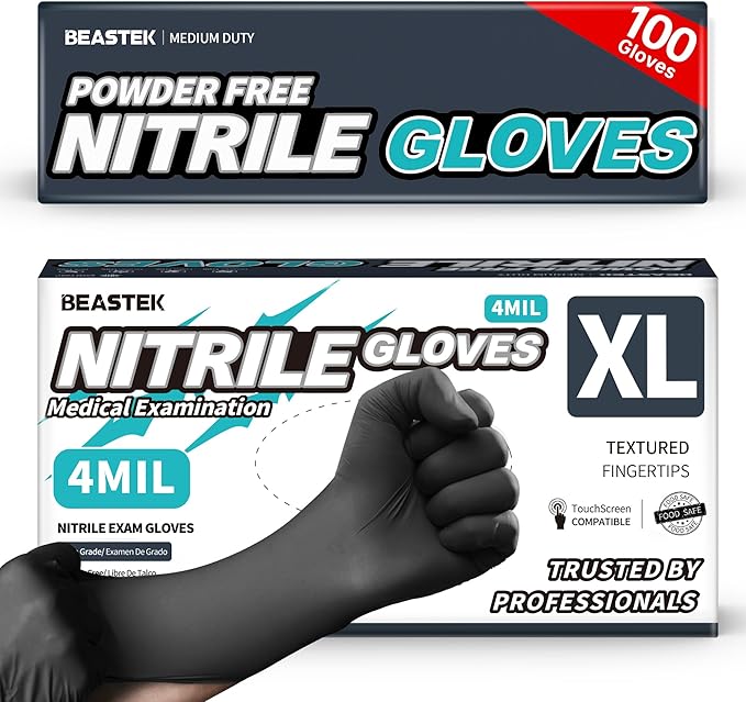 Black Nitrile Exam Gloves, 4 Mil, Powder-Free Food Prep Disposable | Soft+ • Powder-Free • Latex-Free • Medical • Examination • Cooking • Cleaning • Food Prep • Tattoo • Black • 100 Ct & 1000 Ct