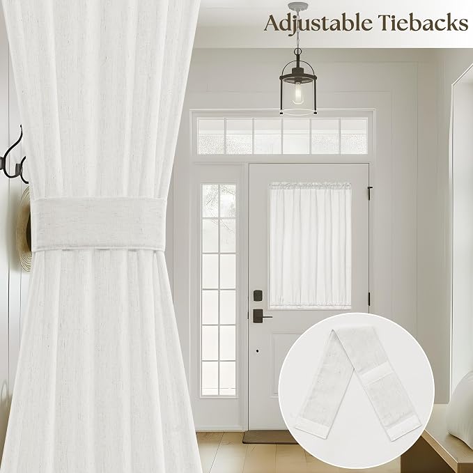 25 x 68 Inch Sheer Door Curtains 2 Panel Ivory White Linen Textured | Side Door Window Drapes, Boho, Light Filtering Privacy Curtain, for Doorways Patio, with Dual Rod Pocket, and Tie Back