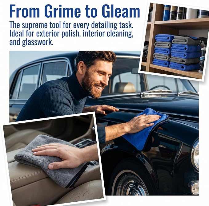 10 Pack Premium Microfiber Towels for Cars - Coral Velvet Ultra-Soft Super Absorbent Drying Towels, Lint-Free Streak-Free Car Detailing Cloth, 11.8"x15.7" Blue/Grey