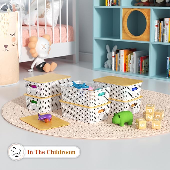 Ohmlove 6 Pack Plastic Storage Baskets with Bamboo Lids for Organization | Stackable Storage bins, Storages Baskets for Organizing Shelves Drawers Desktop Closet Playroom Classroom Office, Cream White