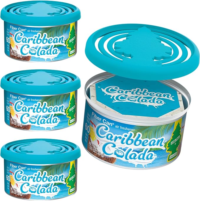 LITTLE TREES Car Air Freshener | Fiber Can Provides Long Lasting Scent for Auto or Home | Recycled Fiber | Caribbean Colada, 4 Air Fresheners
