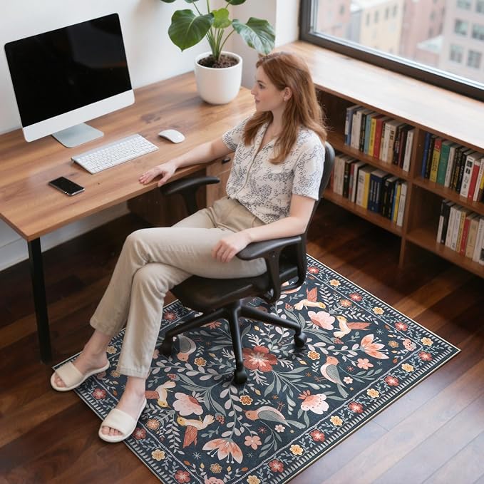 Anidaroel 36"x48" Office Chair Mat for Hardwood Floor, Black Floral Computer Chair Mat, Anti-Slip Vintage Under Desk Rug for Office, Low Pile Bird Bug Office Rugs for Rolling Chairs