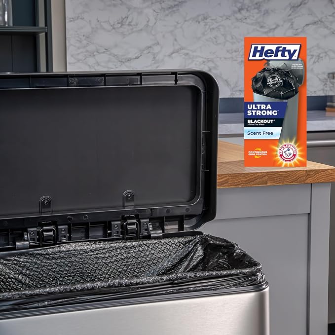 Hefty Ultra Strong 13 Gallon Trash Bags,Black Tall Kitchen Trash Bags 13 Gallon Size,Break Resistant Drawstring Enclosure,Continuous Odor Control,Blackout,Unscented,40-Bags,(Pack of 6)