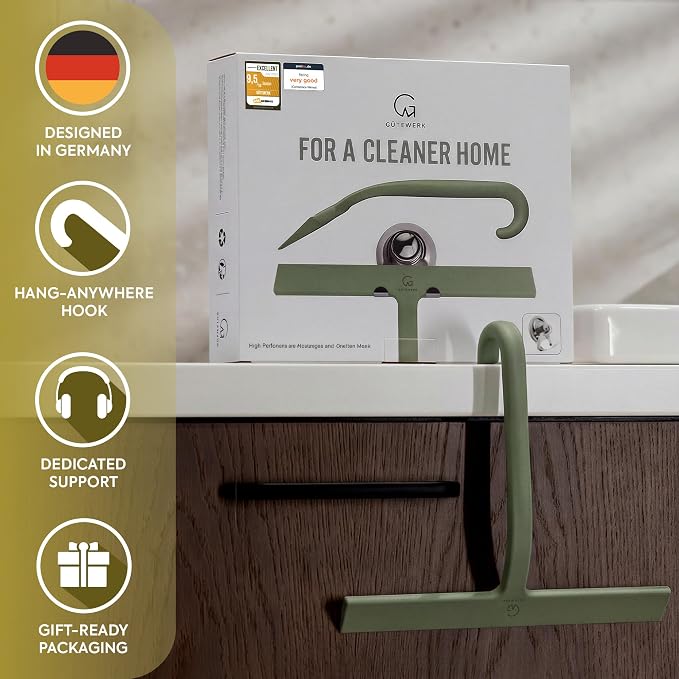 Shower Squeegee for Glass Doors, 10″ Green with No-Drill J-Hook | Hang Anywhere Without Adhesive, Seamless One-Piece Silicone, Encased Steel Core, Streak-Free Shower Squeegee for Glass & Tile