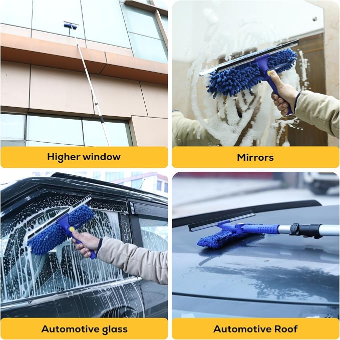 2-in-1 Window Squeegee Cleaning Combo | Glass Cleaner Tool for Commercial and Residential Use, 2 Reusable 12” Sleeves and 14” Blade