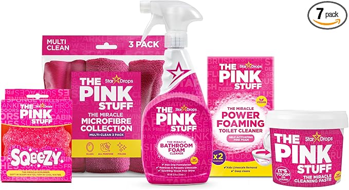 Stardrops - The Pink Stuff Cleaning Kit – Cleaning Paste, Bathroom Foam Spray, Toilet Foaming Powder, SQeeZY Sponge & 3 Microfiber Cloths – Tough on Stains, Grease & Soap Scum