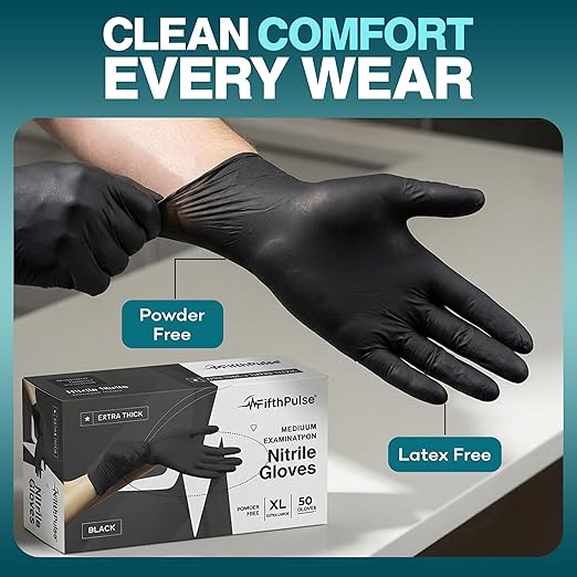 Disposable Black Nitrile Gloves Medium 50 Count - Extra Thick 4.5 Mil - Powder and Latex Free Rubber Gloves - Surgical Medical Exam Gloves - Food Safe Cooking Gloves