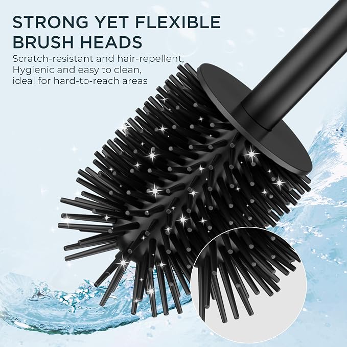FORIOUS Stainless Steel Toilet Bowl Brush Scrubber and Holder Set Tall | Black, Extended Handle, Removable Inner Bowl, Stable Splash Guard, Steel Joint, Scratch‑Resistant Bristles, for Bathroom RV
