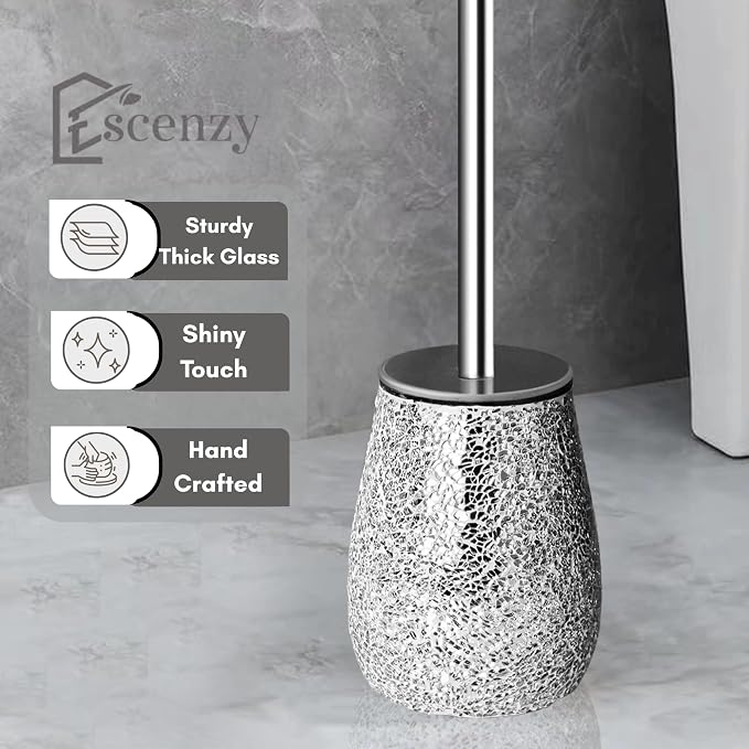 Decorative Toilet Brush and Holder Set | Handcrafted Silver Mosaic Glass Holder | Rust-Proof 304 Stainless Steel Toilet Bowl Brush | Luxury Silver Bathroom Decor