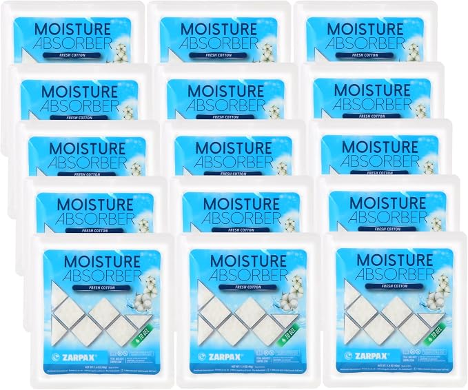 Zarpax Moisture Absorber Sachets Fresh Cotton 1.4 oz/40g - Remove Excess Moisture In Air & Odor - Desiccant Dehumidifier for Closet, Drawer, Safe, Storage - Dampness & Humidity Control - Set of 15