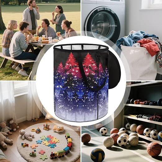 Outdoor Trash Cans for Camping Pine Tree and Moon Collapsable Garbage Can 20+ Gallon Water Resistant Storage Bin for Clothes Bedroom Trash Can Decorative