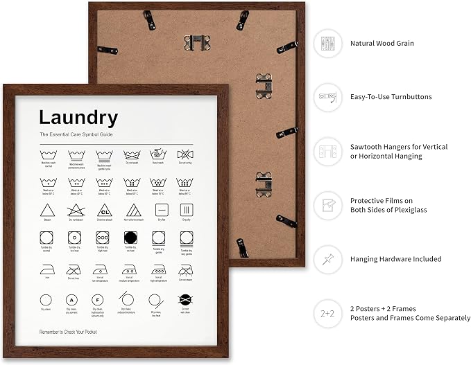 Poster Master 2-Piece Essential Guide for Laundry Print - Stain Removal Poster - Infographic Art - Black & White Design - Symbols & Instructions Art - Laundry Room Decor - 16x20 Brown Framed